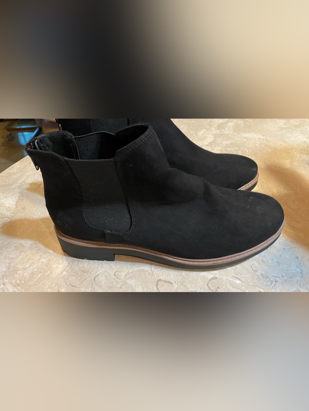 Esprit Black Suede Chelsea Booties with Brown Welt